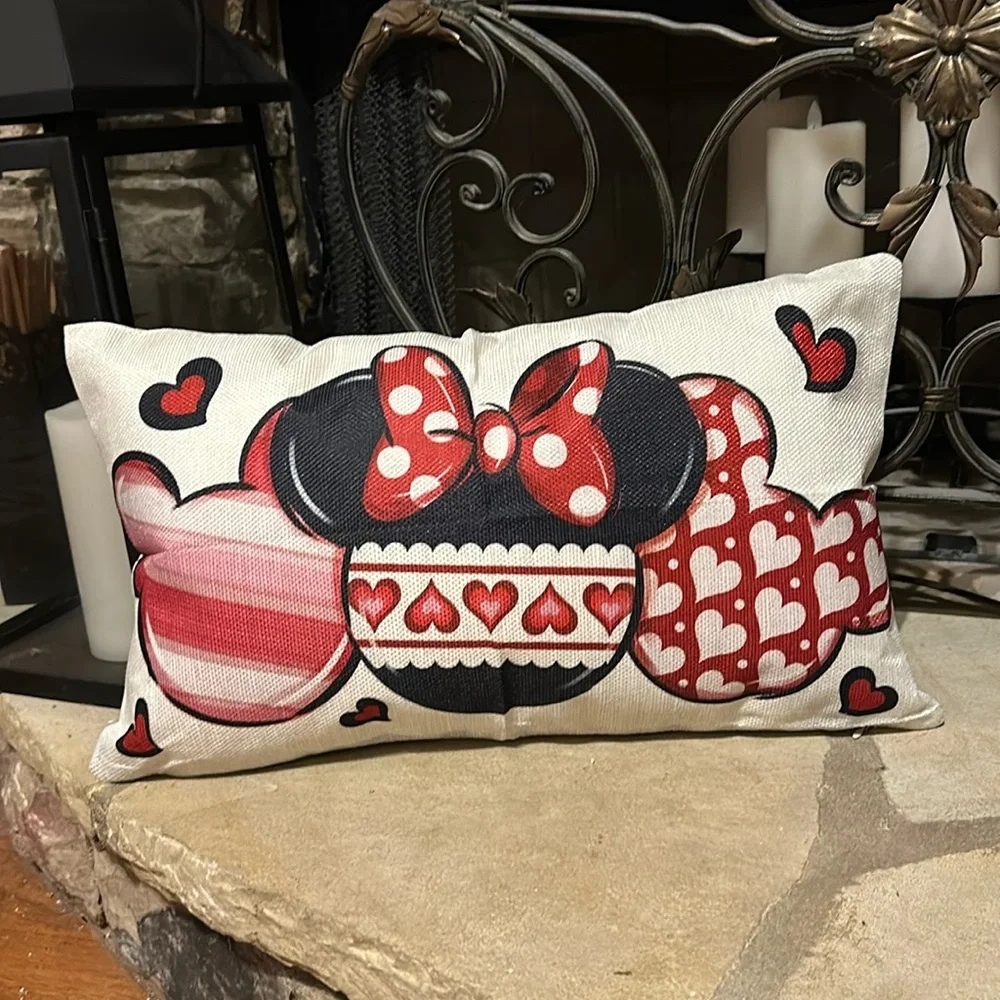 New Valentines Day Disney Mickey and Minnie Mouse Linen Lumbar Pillowcase